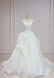 Dreamy A Line Strapless White Satin Pleated Long Wedding Dresses HZ1024