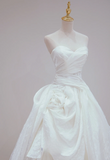 Dreamy A Line Strapless White Satin Pleated Long Wedding Dresses HZ1024