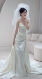Chic A Line Strapless White Satin Pleated With Veil Long Wedding Dresses HZ1024