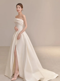 Summer Simple A Line Strapless Ivory Satin Slit Long Wedding Dresses HZ1024