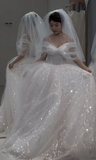 Gorgeous Ball Gown Off The Shoulder White Tulle Sequin With Veil Long Wedding Dresses HZ1024