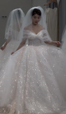 Gorgeous Ball Gown Off The Shoulder White Tulle Sequin With Veil Long Wedding Dresses HZ1024