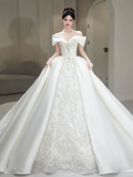 Timeless Ball Gown Off The Shoulder Satin Lace Long Wedding Dresses HZ1024