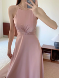 Classy Simple A Line Halter Satin Long Bridesmaid Dress HZ1024