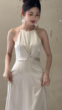 Classy Simple A Line Halter Satin Long Bridesmaid Dress HZ1024