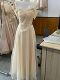 Pretty A Line Spaghetti Straps Light Champagne Chiffon Long Bridesmaid Dress HZ1024