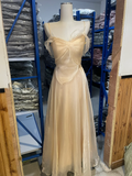 Pretty A Line Spaghetti Straps Light Champagne Chiffon Long Bridesmaid Dress HZ1024