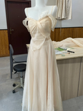 Pretty A Line Spaghetti Straps Light Champagne Chiffon Long Bridesmaid Dress HZ1024