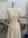 Pretty A Line Spaghetti Straps Light Champagne Chiffon Long Bridesmaid Dress HZ1024