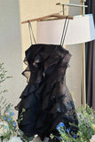Spaghetti Straps Sleeveless Ruffles Tulle Sheath Chiffon Homecoming Dress HZ1024