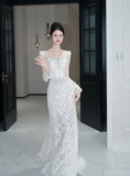 Vintage Mermaid White Lace Long Sleeves Long Wedding Dresses HZ1024