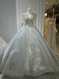 Timeless Ball Gown Tulle Lace Applique Beaded Long Sleeves Long Wedding Dresses HZ1024