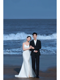 Elegant Simple Mermaid Spaghetti Straps White Satin Slit With Veil Long Wedding Dresses HZ1024