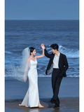 Elegant Simple Mermaid Spaghetti Straps White Satin Slit With Veil Long Wedding Dresses HZ1024