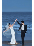 Elegant Simple Mermaid Spaghetti Straps White Satin Slit With Veil Long Wedding Dresses HZ1024