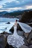 Dreamy Mermaid Sweetheart White Tulle Lace With Veil Long Wedding Dresses HZ1024
