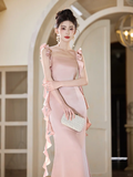 Classy Mermaid Spaghetti Straps Blush Pink Satin Long Bridesmaid Dress HZ1024