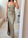 Classy Simple Mermaid Spaghetti Straps Satin Slit Long Bridesmaid Dress HZ1024