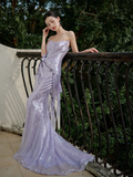 Vintage Mermaid Strapless Lilac Sequin Long Prom Dresses HZ1024