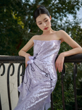 Vintage Mermaid Strapless Lilac Sequin Long Prom Dresses HZ1024