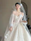 Vintage Ball Gown Off The Shoulder White Tulle Lace Long Sleeves With Veil Long Wedding Dresses HZ1024