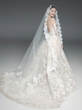 Vintage Ball Gown Off The Shoulder Satin Lace Backless Long Sleeves With Veil Long Wedding Dresses HZ1024