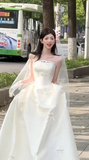 Elegant A Line Strapless Satin Bow With Veil Long Wedding Dresses HZ1024