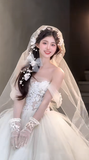 Sweet Ball Gown Off The Shoulder Tulle Applique With Veil Gloves Long Wedding Dresses HZ1024