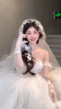 Sweet Ball Gown Off The Shoulder Tulle Applique With Veil Gloves Long Wedding Dresses HZ1024