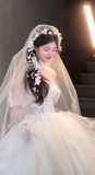 Sweet Ball Gown Off The Shoulder Tulle Applique With Veil Gloves Long Wedding Dresses HZ1024