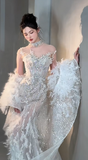 Stunning Mermaid Strapless Tulle Sequin With Cape Long Wedding Dresses HZ1024