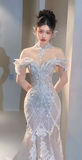 Timeless Mermaid Off The Shoulder Tulle Sequin Long Wedding Dresses HZ1024