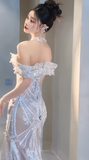Timeless Mermaid Off The Shoulder Tulle Sequin Long Wedding Dresses HZ1024