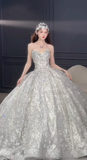 Glitter Ball Gown Strapless Tulle Sequin Long Wedding Dresses HZ1024