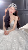 Glitter Ball Gown Strapless Tulle Sequin Long Wedding Dresses HZ1024