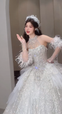 Unique Ball Gown Halter Tulle Sequin Beaded Long Wedding Dresses HZ1024