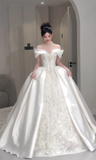 Stunning Ball Gown Off The Shoulder Satin Lace Beaded Long Wedding Dresses HZ1024