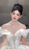 Stunning Ball Gown Off The Shoulder Satin Lace Beaded Long Wedding Dresses HZ1024