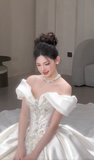 Stunning Ball Gown Off The Shoulder Satin Lace Beaded Long Wedding Dresses HZ1024