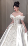Stunning Ball Gown Off The Shoulder Satin Lace Beaded Long Wedding Dresses HZ1024