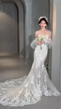 Pretty Mermaid Sweetheart Tulle Lace With Sleeves Long Wedding Dresses HZ1024