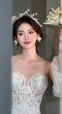 Pretty Mermaid Sweetheart Tulle Lace With Sleeves Long Wedding Dresses HZ1024