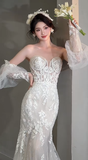 Pretty Mermaid Sweetheart Tulle Lace With Sleeves Long Wedding Dresses HZ1024
