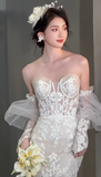 Pretty Mermaid Sweetheart Tulle Lace With Sleeves Long Wedding Dresses HZ1024