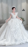 Unique Ball Gown Tulle Sequin Beaded Long Sleeves Long Wedding Dresses HZ1024