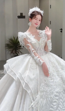 Unique Ball Gown Tulle Sequin Beaded Long Sleeves Long Wedding Dresses HZ1024