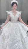 Unique Ball Gown Tulle Sequin Beaded Long Sleeves Long Wedding Dresses HZ1024