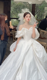 Elegant Ball Gown Off The Shoulder Satin With Veil Long Wedding Dresses HZ1024