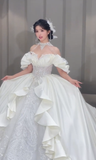 Stunning Ball Gown Off The Shoulder Satin Tulle Sqeuin Long Wedding Dresses HZ1024