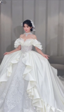 Stunning Ball Gown Off The Shoulder Satin Tulle Sqeuin Long Wedding Dresses HZ1024